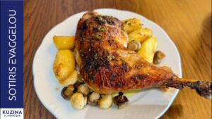 Roast turkey legs with baby potatoes and mushrooms
